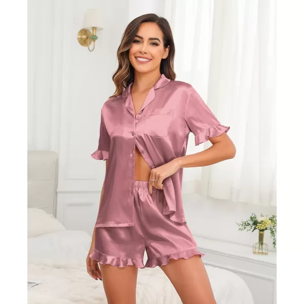 SWOMOG Womens Silk Satin Pajamas Set 2 Piece Ruffle Pjs Shorts Sets Button Down Sleepwear Notch Collar Bride LoungewearMisty Rose