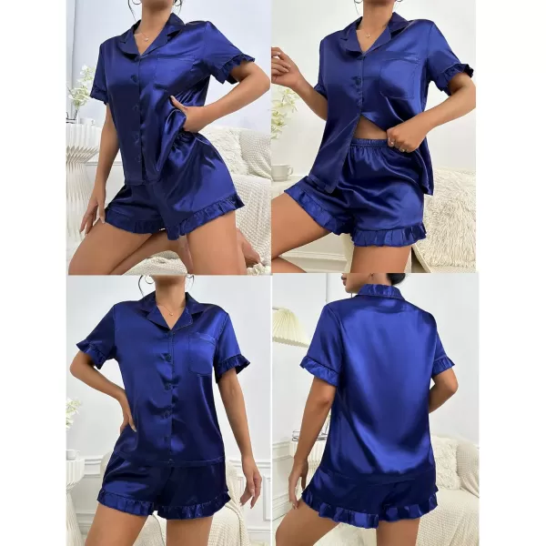 SWOMOG Womens Silk Satin Pajamas Set 2 Piece Ruffle Pjs Shorts Sets Button Down Sleepwear Notch Collar Bride LoungewearNavy Blue