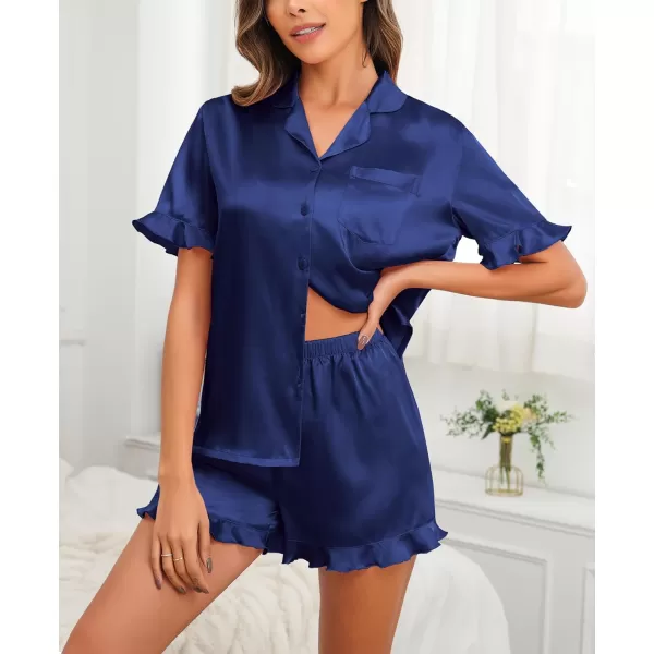 SWOMOG Womens Silk Satin Pajamas Set 2 Piece Ruffle Pjs Shorts Sets Button Down Sleepwear Notch Collar Bride LoungewearNavy Blue