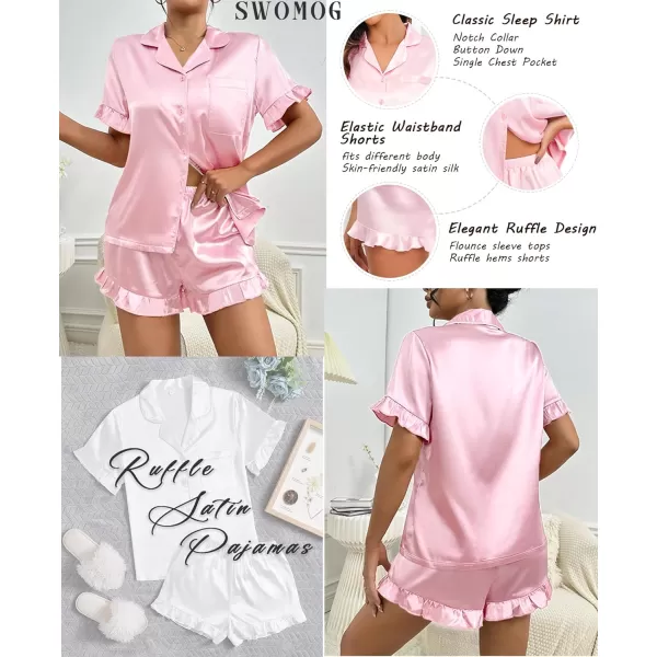 SWOMOG Womens Silk Satin Pajamas Set 2 Piece Ruffle Pjs Shorts Sets Button Down Sleepwear Notch Collar Bride LoungewearPink