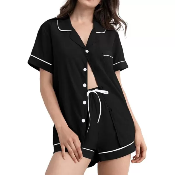 SWOMOG Pajamas for Women Soft Comfy Set Modal Pajama Set Short Sleeve Button Up Pajama Top Pj Shorts SleepwearBlack