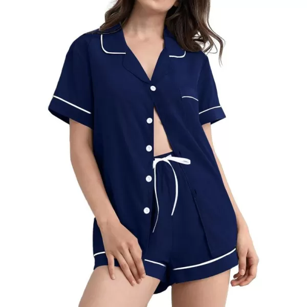 SWOMOG Pajamas for Women Soft Comfy Set Modal Pajama Set Short Sleeve Button Up Pajama Top Pj Shorts SleepwearNavy Blue