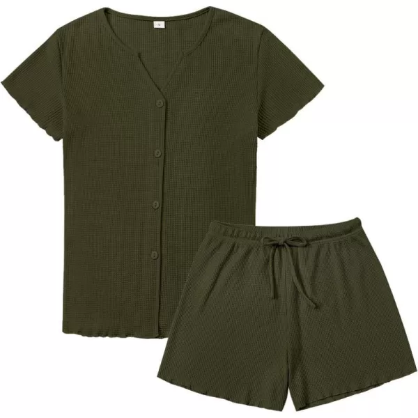 SWOMOG Women Pajama Set Button Down Short Sleeve Top and Shorts Waffle Knit Loungewear Sweatsuit 2 Piece Lounge SetArmy Green