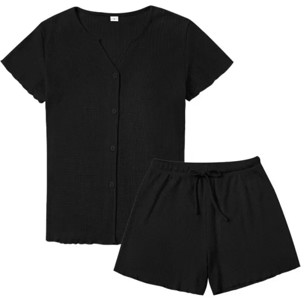 SWOMOG Women Pajama Set Button Down Short Sleeve Top and Shorts Waffle Knit Loungewear Sweatsuit 2 Piece Lounge SetBlack