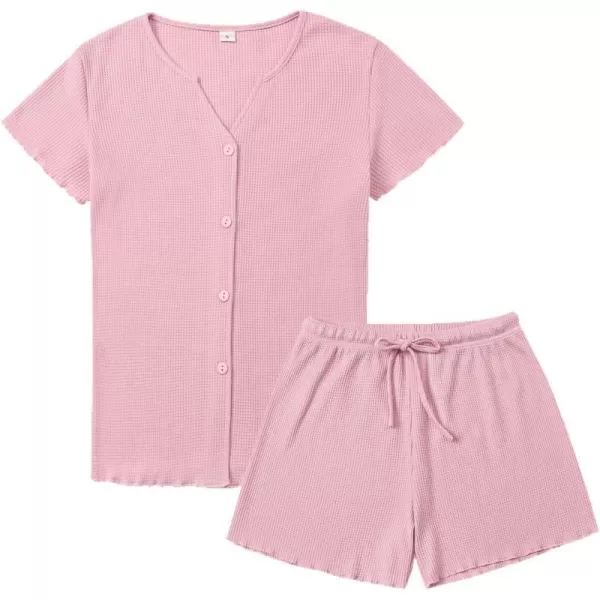 SWOMOG Women Pajama Set Button Down Short Sleeve Top and Shorts Waffle Knit Loungewear Sweatsuit 2 Piece Lounge SetDusty Pink