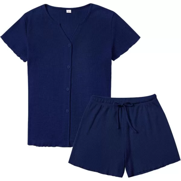 SWOMOG Women Pajama Set Button Down Short Sleeve Top and Shorts Waffle Knit Loungewear Sweatsuit 2 Piece Lounge SetNavy Blue