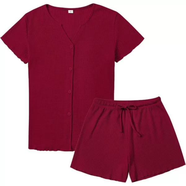 SWOMOG Women Pajama Set Button Down Short Sleeve Top and Shorts Waffle Knit Loungewear Sweatsuit 2 Piece Lounge SetWinered