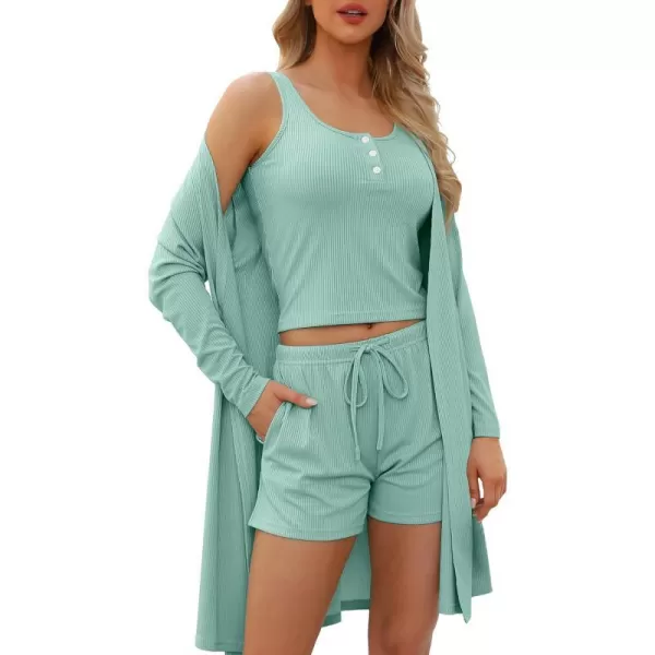 SWOMOG Womens 3 Piece Ribbed Knit Lounge Sets Pajama Sets Cardigan Loungewear Robe Tank Top and Shorts with PocketsGreen