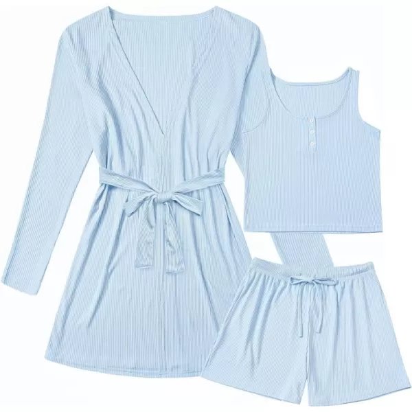 SWOMOG Womens 3 Piece Ribbed Knit Lounge Sets Pajama Sets Cardigan Loungewear Robe Tank Top and Shorts with PocketsLight Blue