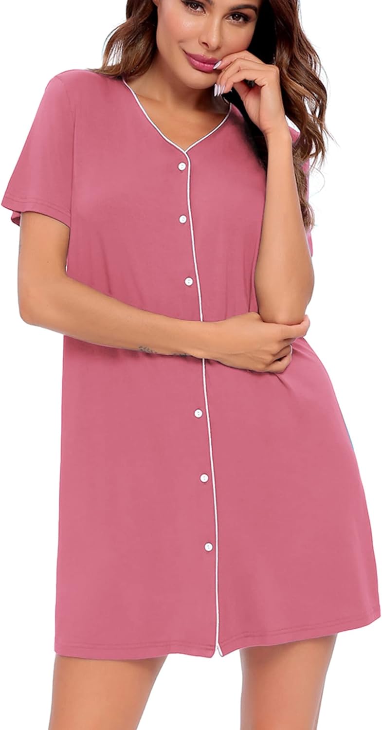 SWOMOG Womens Button Down Nightgown Short Sleeve Nightshirt VNeck Sleepwear Boyfriend Sleepshirt Pajama DressCoral Color