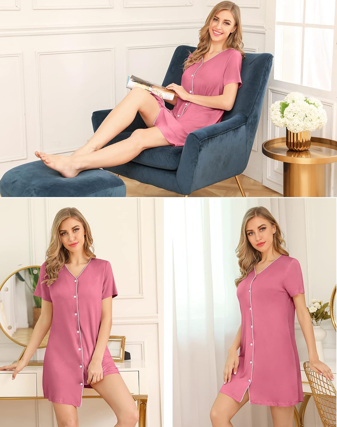SWOMOG Womens Button Down Nightgown Short Sleeve Nightshirt VNeck Sleepwear Boyfriend Sleepshirt Pajama DressCoral Color