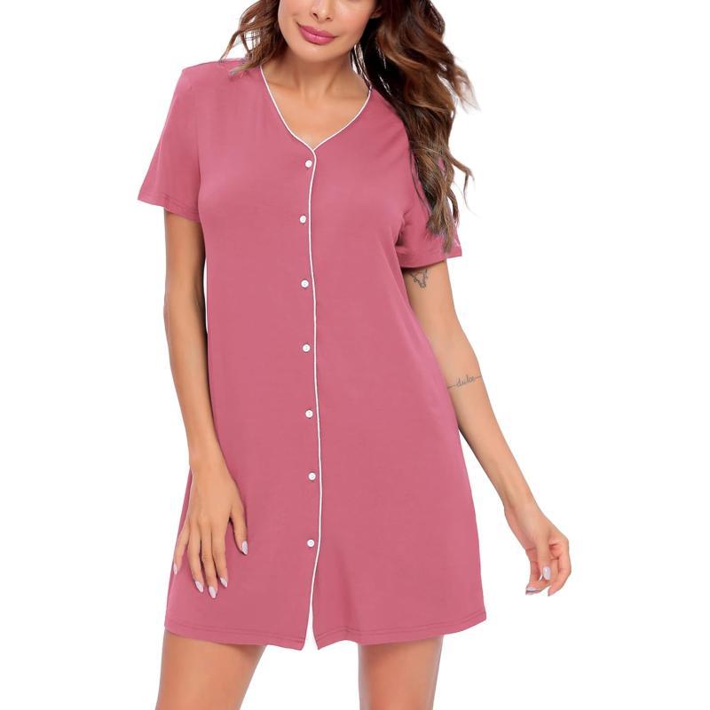 SWOMOG Womens Button Down Nightgown Short Sleeve Nightshirt VNeck Sleepwear Boyfriend Sleepshirt Pajama DressCoral Color