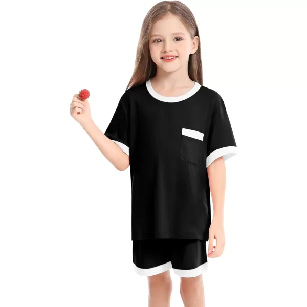 SW0M0G Girls Boys Pajama Sets Modal Kids PJs Sets Short Sleeve Sleepwear Soft Cute Lounge SetsBlack