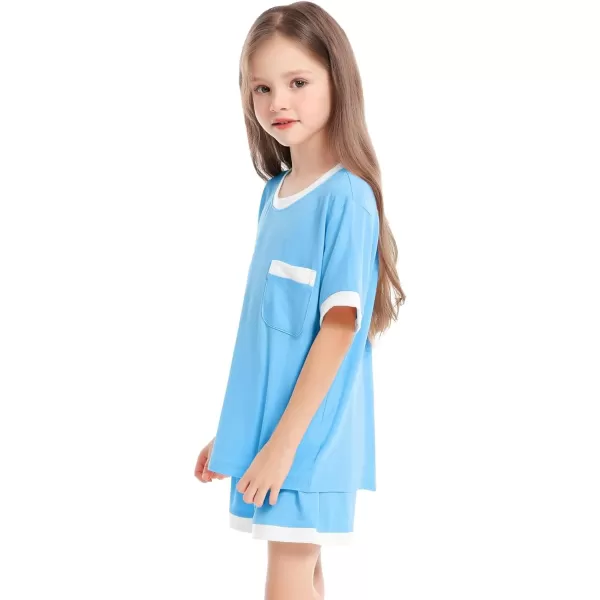 SW0M0G Girls Boys Pajama Sets Modal Kids PJs Sets Short Sleeve Sleepwear Soft Cute Lounge SetsLight Blue