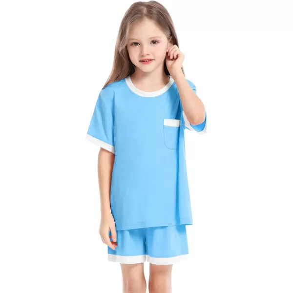 SW0M0G Girls Boys Pajama Sets Modal Kids PJs Sets Short Sleeve Sleepwear Soft Cute Lounge SetsLight Blue