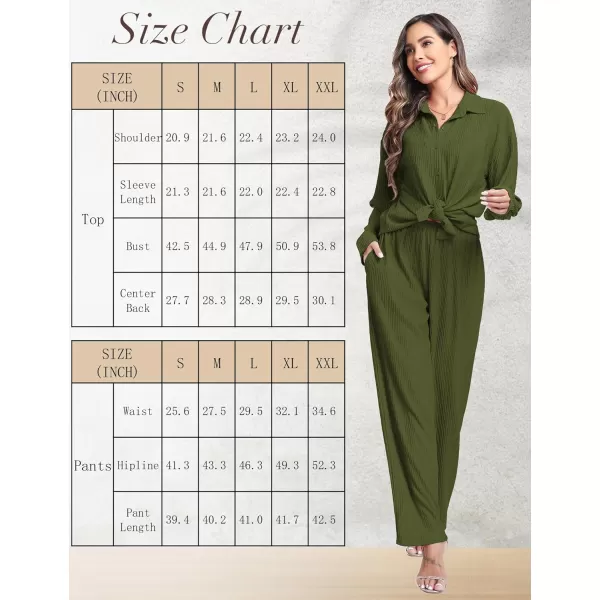 SWOMOG 2 Piece Outfit for Women Long Sleeve Button Down Shirt Wide Leg Pants Lounge Sets Casual Pleated Loungewear SweatsuitsArmy Green