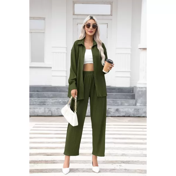 SWOMOG 2 Piece Outfit for Women Long Sleeve Button Down Shirt Wide Leg Pants Lounge Sets Casual Pleated Loungewear SweatsuitsArmy Green