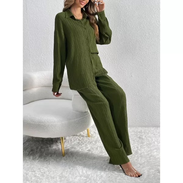 SWOMOG 2 Piece Outfit for Women Long Sleeve Button Down Shirt Wide Leg Pants Lounge Sets Casual Pleated Loungewear SweatsuitsArmy Green