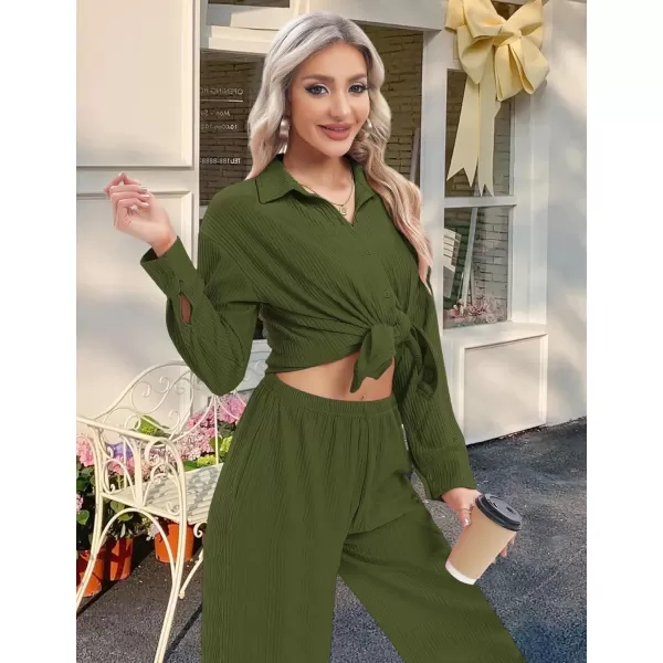 SWOMOG 2 Piece Outfit for Women Long Sleeve Button Down Shirt Wide Leg Pants Lounge Sets Casual Pleated Loungewear SweatsuitsArmy Green