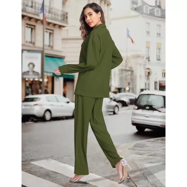 SWOMOG 2 Piece Outfit for Women Long Sleeve Button Down Shirt Wide Leg Pants Lounge Sets Casual Pleated Loungewear SweatsuitsArmy Green