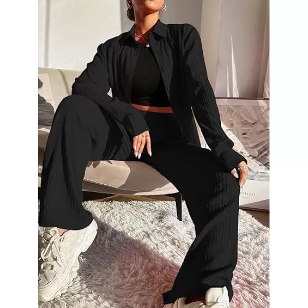 SWOMOG 2 Piece Outfit for Women Long Sleeve Button Down Shirt Wide Leg Pants Lounge Sets Casual Pleated Loungewear SweatsuitsBlack