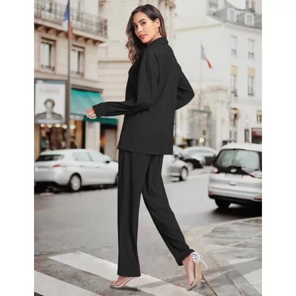 SWOMOG 2 Piece Outfit for Women Long Sleeve Button Down Shirt Wide Leg Pants Lounge Sets Casual Pleated Loungewear SweatsuitsBlack