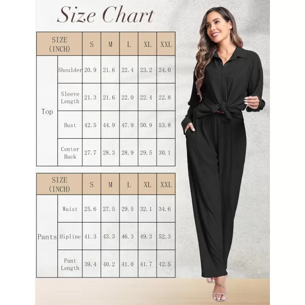 SWOMOG 2 Piece Outfit for Women Long Sleeve Button Down Shirt Wide Leg Pants Lounge Sets Casual Pleated Loungewear SweatsuitsBlack