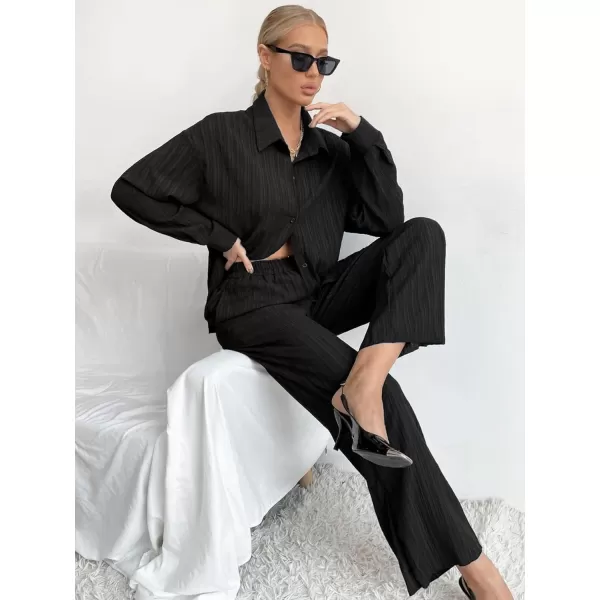 SWOMOG 2 Piece Outfit for Women Long Sleeve Button Down Shirt Wide Leg Pants Lounge Sets Casual Pleated Loungewear SweatsuitsBlack