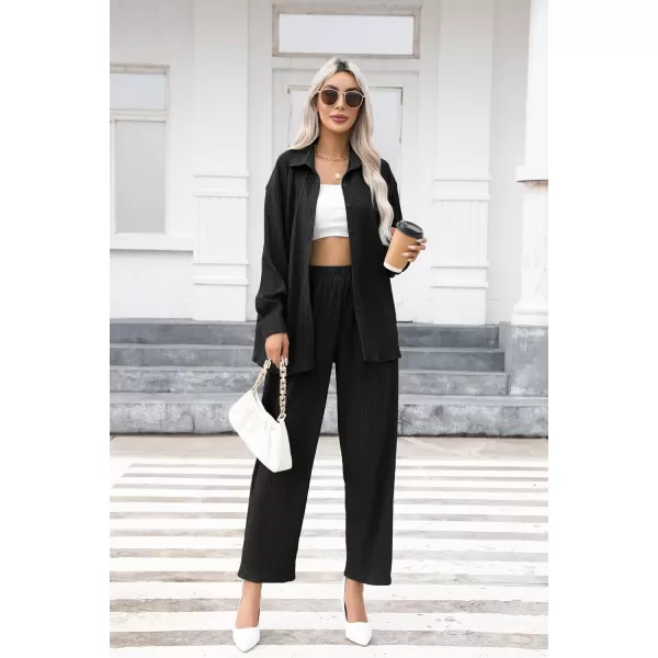 SWOMOG 2 Piece Outfit for Women Long Sleeve Button Down Shirt Wide Leg Pants Lounge Sets Casual Pleated Loungewear SweatsuitsBlack