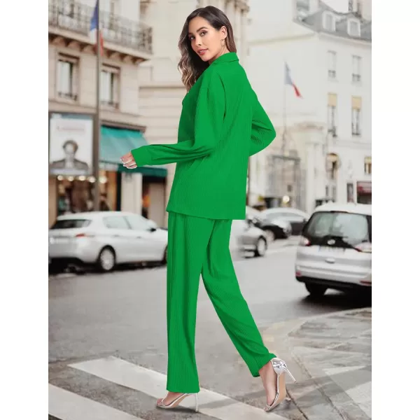 SWOMOG 2 Piece Outfit for Women Long Sleeve Button Down Shirt Wide Leg Pants Lounge Sets Casual Pleated Loungewear SweatsuitsGreen