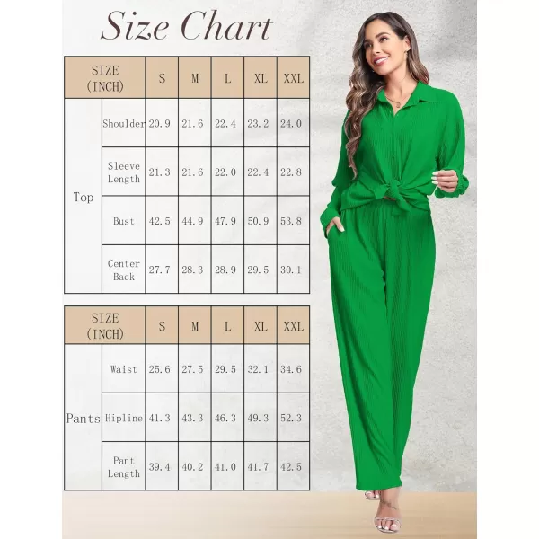 SWOMOG 2 Piece Outfit for Women Long Sleeve Button Down Shirt Wide Leg Pants Lounge Sets Casual Pleated Loungewear SweatsuitsGreen