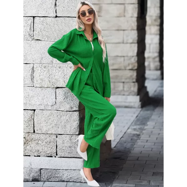 SWOMOG 2 Piece Outfit for Women Long Sleeve Button Down Shirt Wide Leg Pants Lounge Sets Casual Pleated Loungewear SweatsuitsGreen