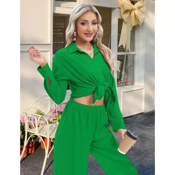 SWOMOG 2 Piece Outfit for Women Long Sleeve Button Down Shirt Wide Leg Pants Lounge Sets Casual Pleated Loungewear SweatsuitsGreen