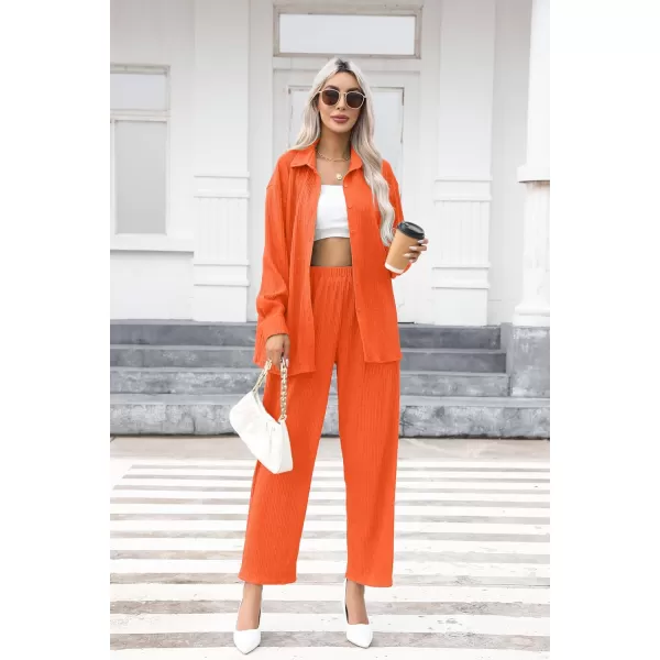 SWOMOG 2 Piece Outfit for Women Long Sleeve Button Down Shirt Wide Leg Pants Lounge Sets Casual Pleated Loungewear SweatsuitsOrange