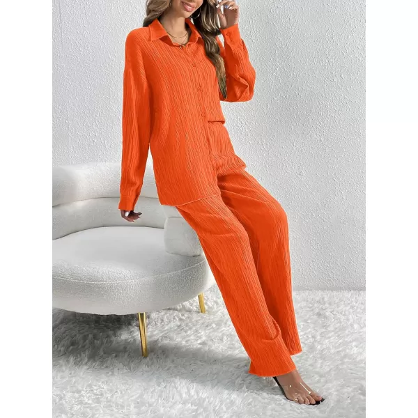 SWOMOG 2 Piece Outfit for Women Long Sleeve Button Down Shirt Wide Leg Pants Lounge Sets Casual Pleated Loungewear SweatsuitsOrange