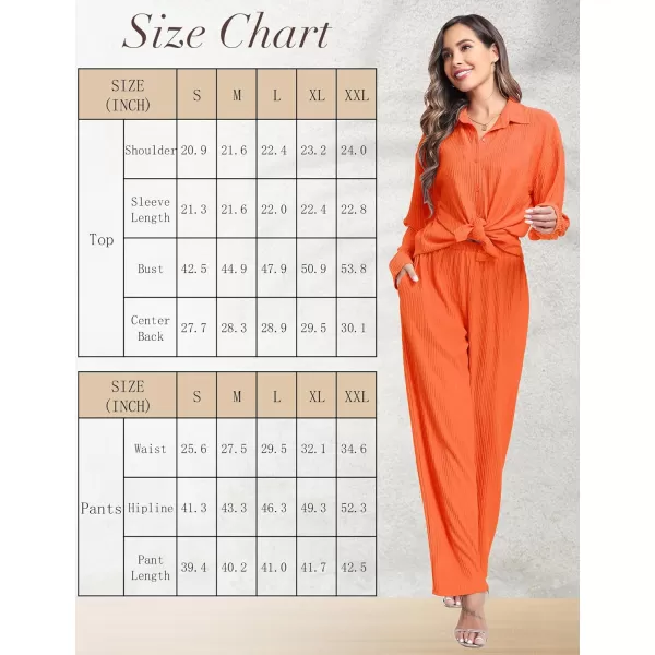 SWOMOG 2 Piece Outfit for Women Long Sleeve Button Down Shirt Wide Leg Pants Lounge Sets Casual Pleated Loungewear SweatsuitsOrange