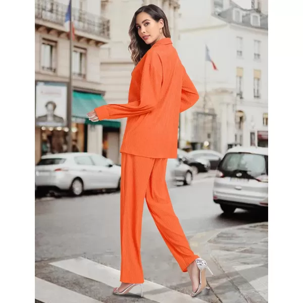 SWOMOG 2 Piece Outfit for Women Long Sleeve Button Down Shirt Wide Leg Pants Lounge Sets Casual Pleated Loungewear SweatsuitsOrange