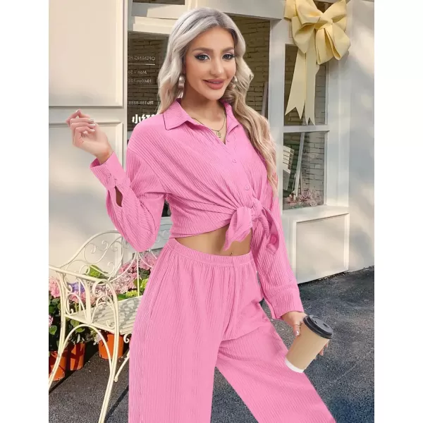 SWOMOG 2 Piece Outfit for Women Long Sleeve Button Down Shirt Wide Leg Pants Lounge Sets Casual Pleated Loungewear SweatsuitsPink