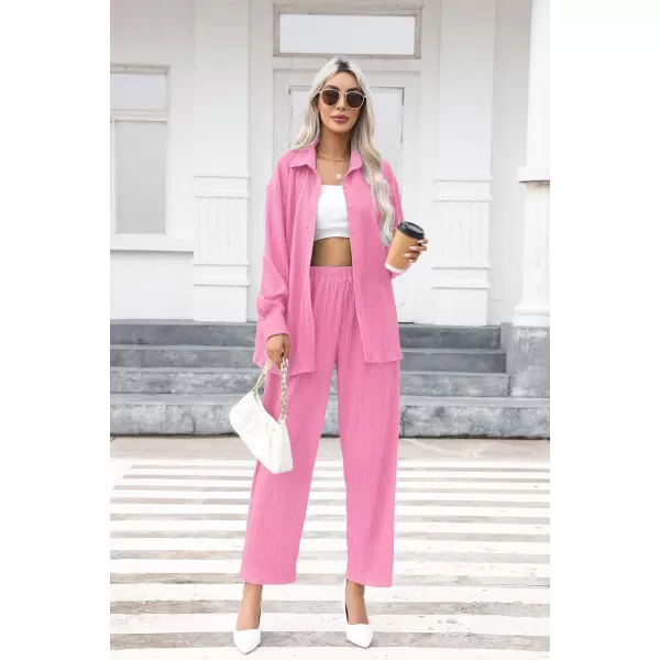 SWOMOG 2 Piece Outfit for Women Long Sleeve Button Down Shirt Wide Leg Pants Lounge Sets Casual Pleated Loungewear SweatsuitsPink