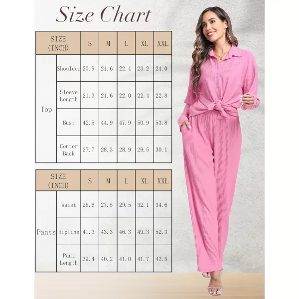 SWOMOG 2 Piece Outfit for Women Long Sleeve Button Down Shirt Wide Leg Pants Lounge Sets Casual Pleated Loungewear SweatsuitsPink