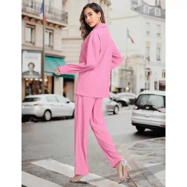 SWOMOG 2 Piece Outfit for Women Long Sleeve Button Down Shirt Wide Leg Pants Lounge Sets Casual Pleated Loungewear SweatsuitsPink