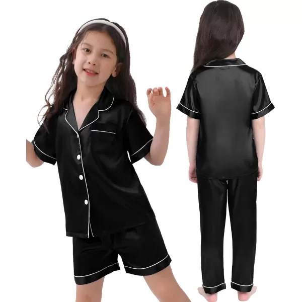 SWOMOG 3 pcs Kids Girls Boys Satin Pajamas Set Silk ButtonDown PJs Sets Soft Lounge Sets Short Sleeve SleepwearBlack