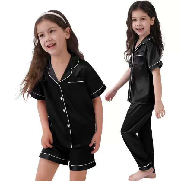 SWOMOG 3 pcs Kids Girls Boys Satin Pajamas Set Silk ButtonDown PJs Sets Soft Lounge Sets Short Sleeve SleepwearBlack