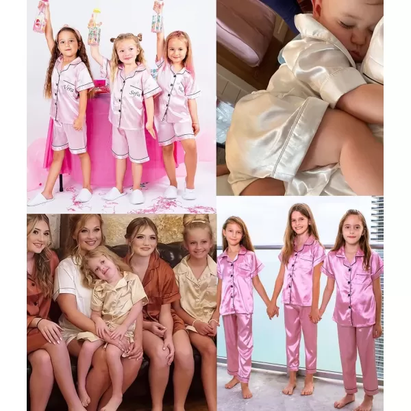 SWOMOG 3 pcs Kids Girls Boys Satin Pajamas Set Silk ButtonDown PJs Sets Soft Lounge Sets Short Sleeve SleepwearChampagne