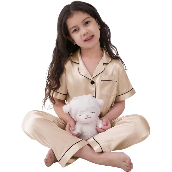 SWOMOG 3 pcs Kids Girls Boys Satin Pajamas Set Silk ButtonDown PJs Sets Soft Lounge Sets Short Sleeve SleepwearChampagne