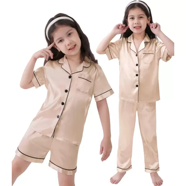 SWOMOG 3 pcs Kids Girls Boys Satin Pajamas Set Silk ButtonDown PJs Sets Soft Lounge Sets Short Sleeve SleepwearChampagne