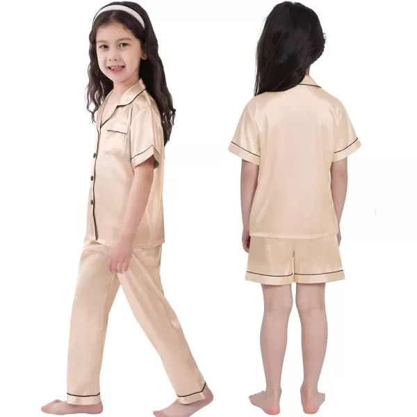 SWOMOG 3 pcs Kids Girls Boys Satin Pajamas Set Silk ButtonDown PJs Sets Soft Lounge Sets Short Sleeve SleepwearChampagne