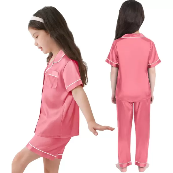 SWOMOG 3 pcs Kids Girls Boys Satin Pajamas Set Silk ButtonDown PJs Sets Soft Lounge Sets Short Sleeve SleepwearCoral Red