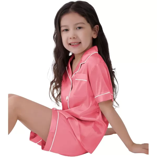 SWOMOG 3 pcs Kids Girls Boys Satin Pajamas Set Silk ButtonDown PJs Sets Soft Lounge Sets Short Sleeve SleepwearCoral Red