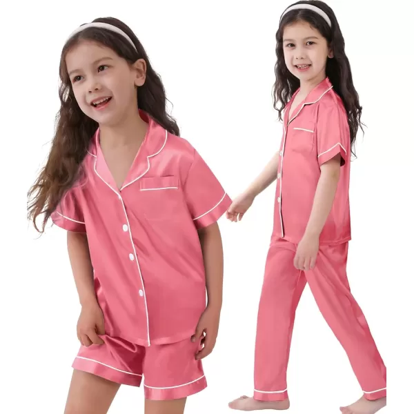 SWOMOG 3 pcs Kids Girls Boys Satin Pajamas Set Silk ButtonDown PJs Sets Soft Lounge Sets Short Sleeve SleepwearCoral Red